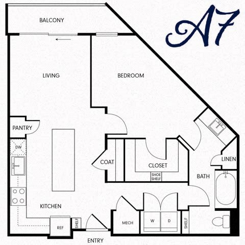 Floor plan for 1 bed, 1 bath, 799 sqft